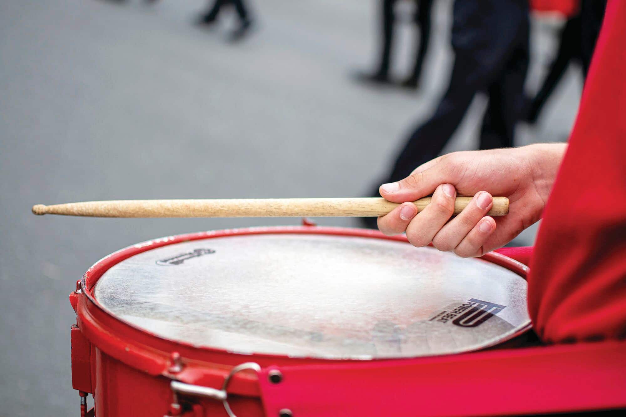 A close-up of a marching snare drum