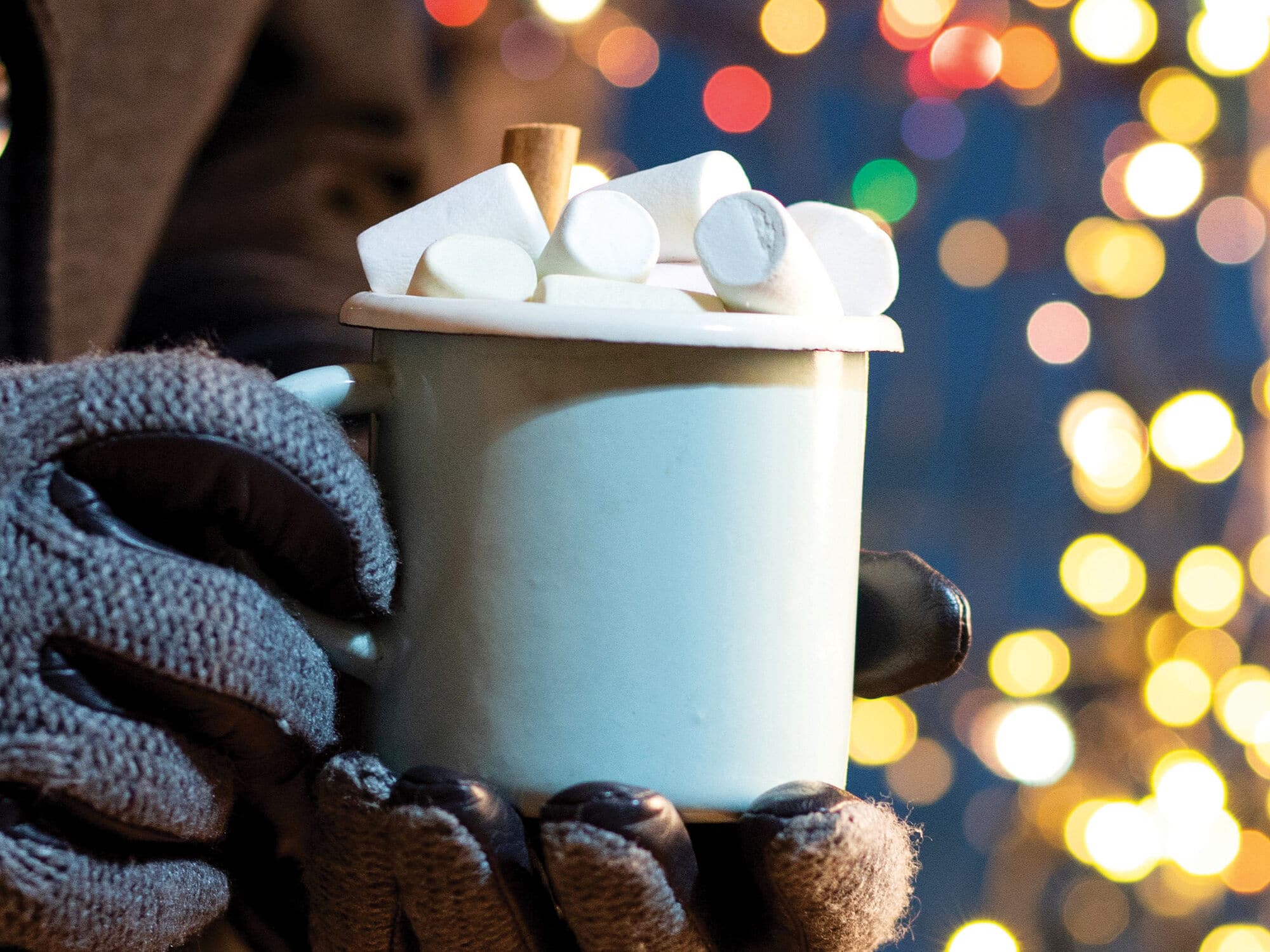 Person holding a mug of hot chocolate topped with marshmallows.