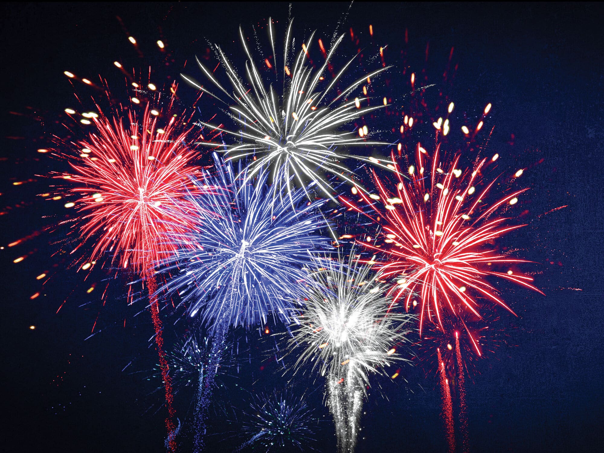 Fireworks bursting in red, white and blue against a night sky.