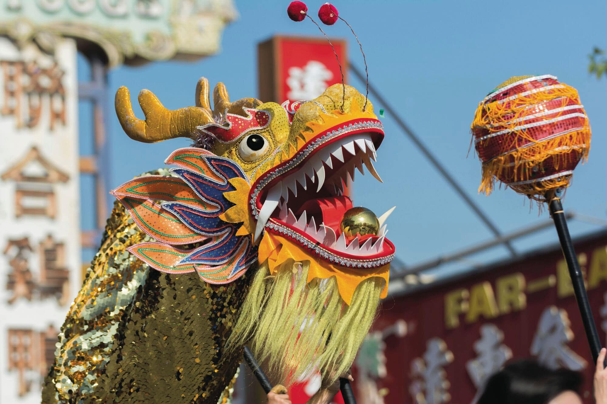 A dragon parading through Chinatown as part of Lunar New Year celebrations