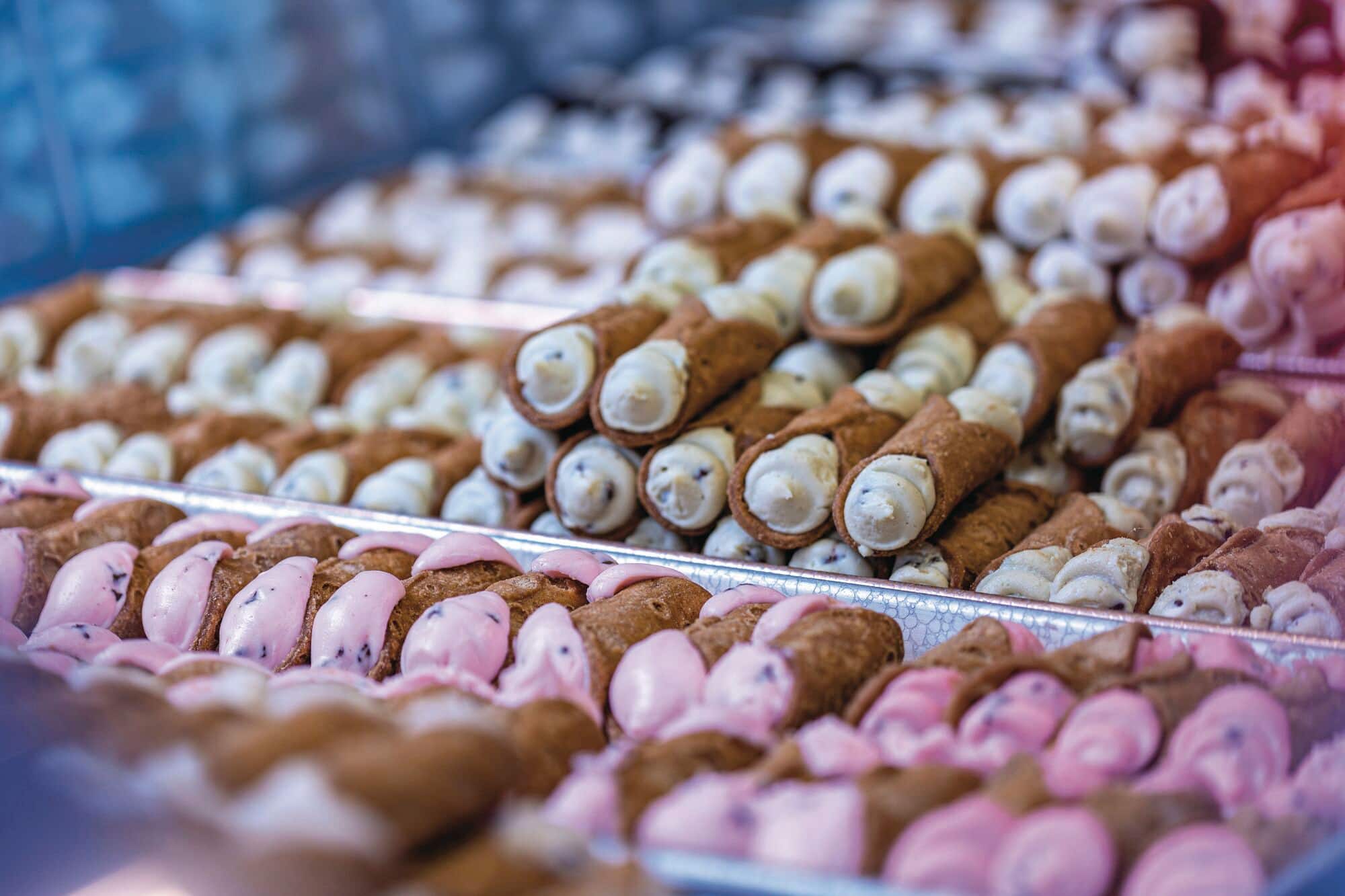 A large display of connoli, ready for the festivities in Little Italy