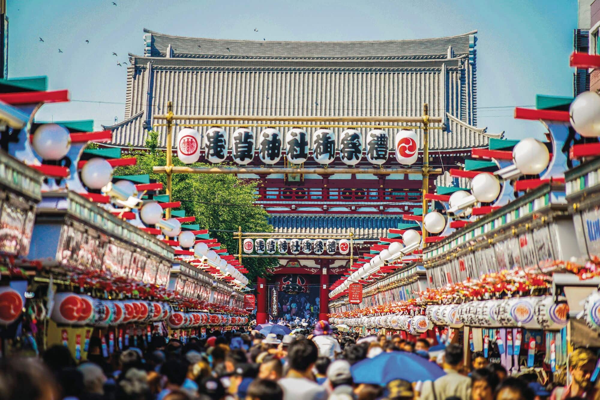Looking down the main thoroughfare at Asakusa, bustling and brightly decorated for Sanja