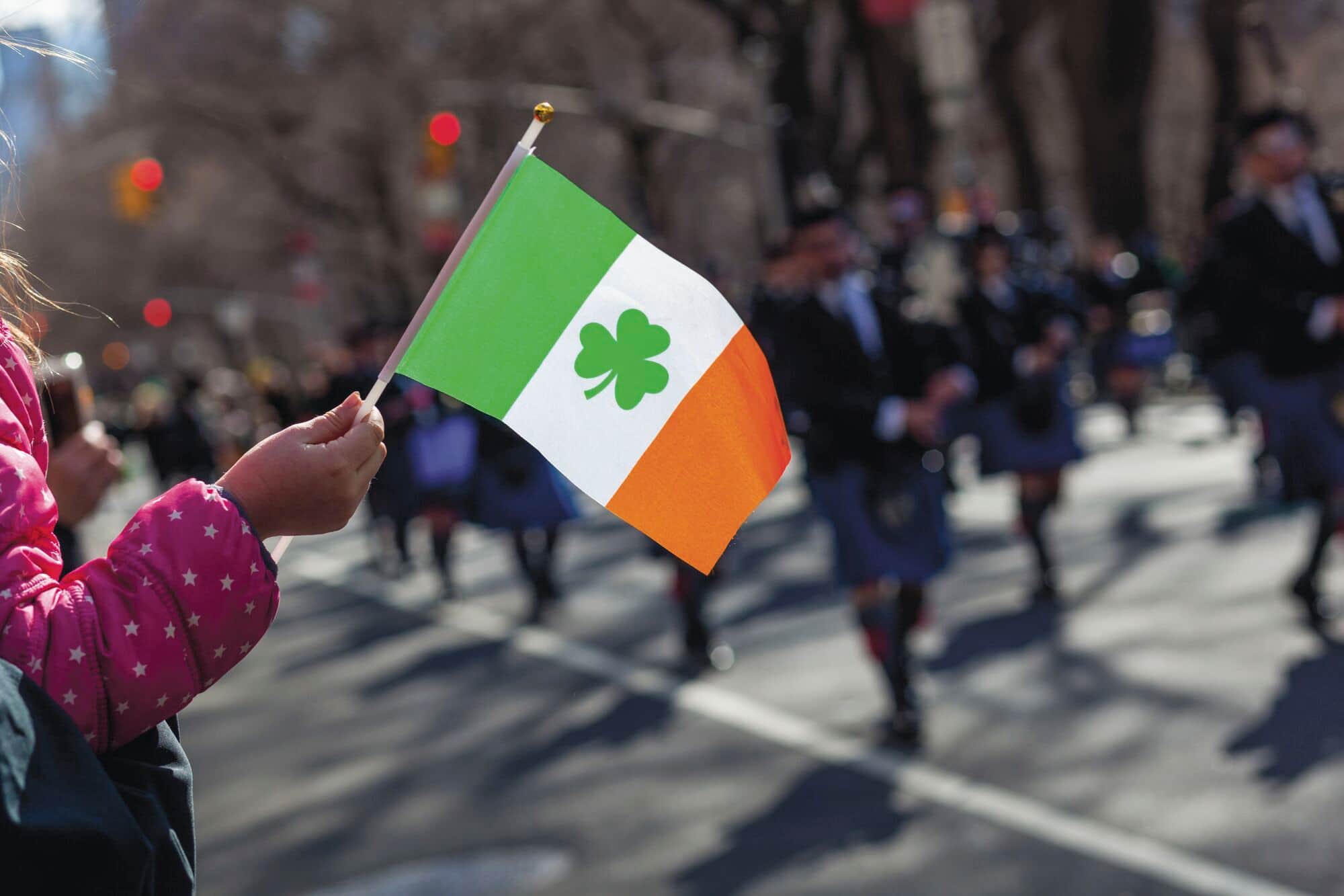 A flag being waved at the NYC St. Patrick's Day Parade