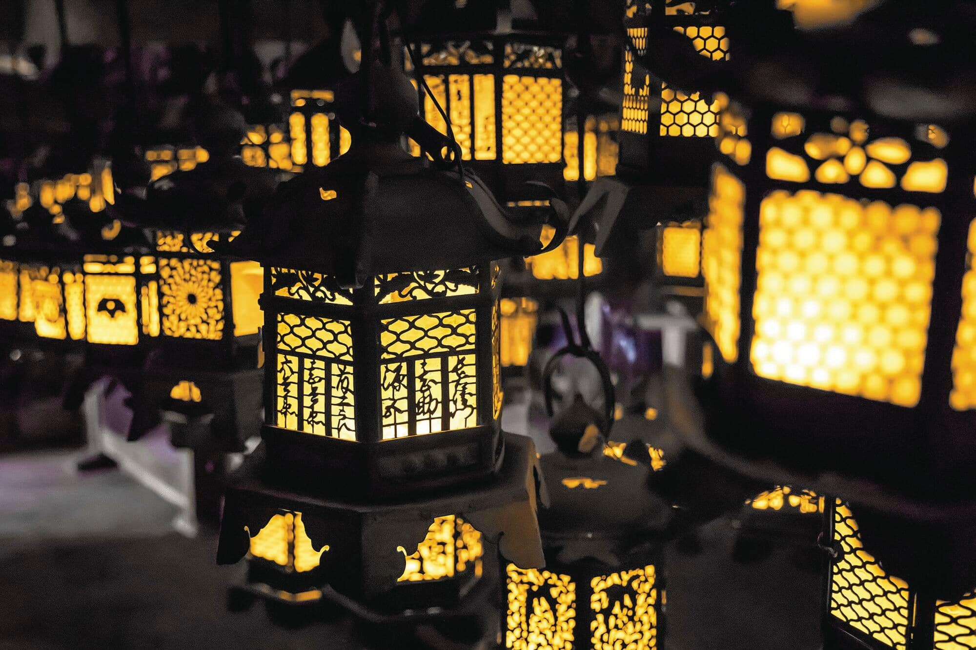 Lit lanterns at the Kasuga-Taisha Shrine