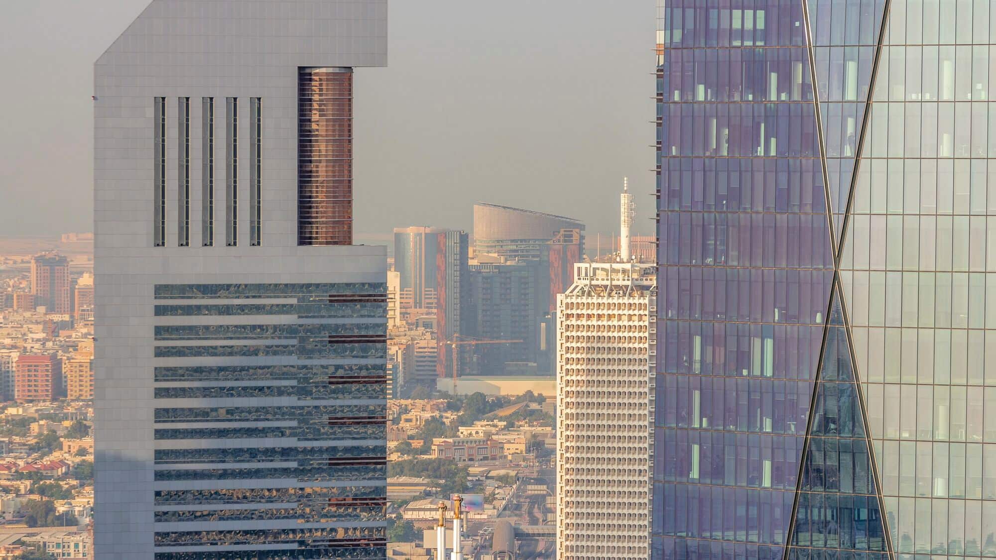 A view of the Dubai skyline featuring prominent architecture