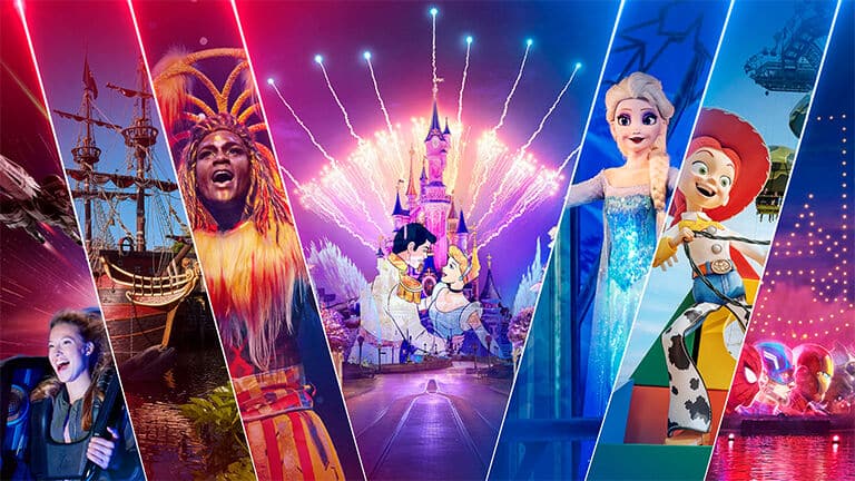 A split image showing a variety of Disney, Pixar and Marvel characters.